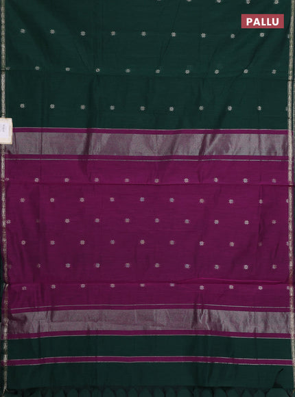 Semi maheswari cotton saree bottle green and purple with silver zari woven buttas and small zari woven border