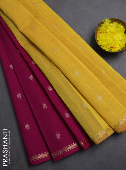 Semi maheswari cotton saree magenta pink and mustard yellow with zari woven buttas and small zari woven border