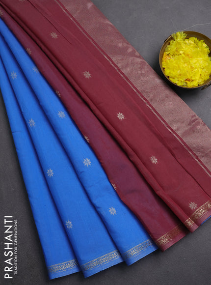 Semi maheswari cotton saree blue and maroon shade with silver zari woven buttas and small zari woven border