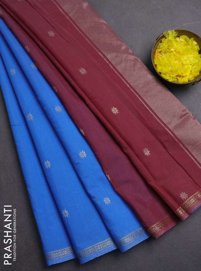 Semi maheswari cotton saree blue and maroon shade with silver zari woven buttas and small zari woven border