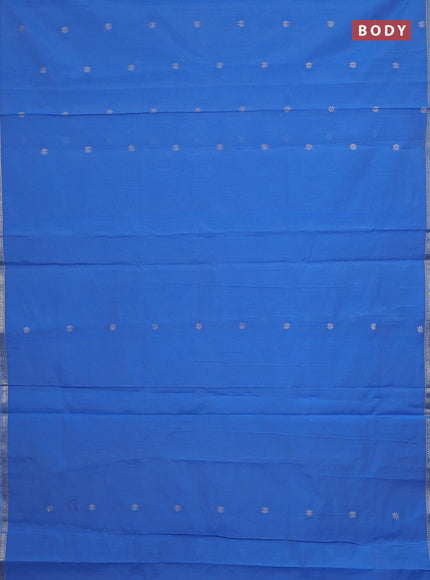 Semi maheswari cotton saree blue and maroon shade with silver zari woven buttas and small zari woven border