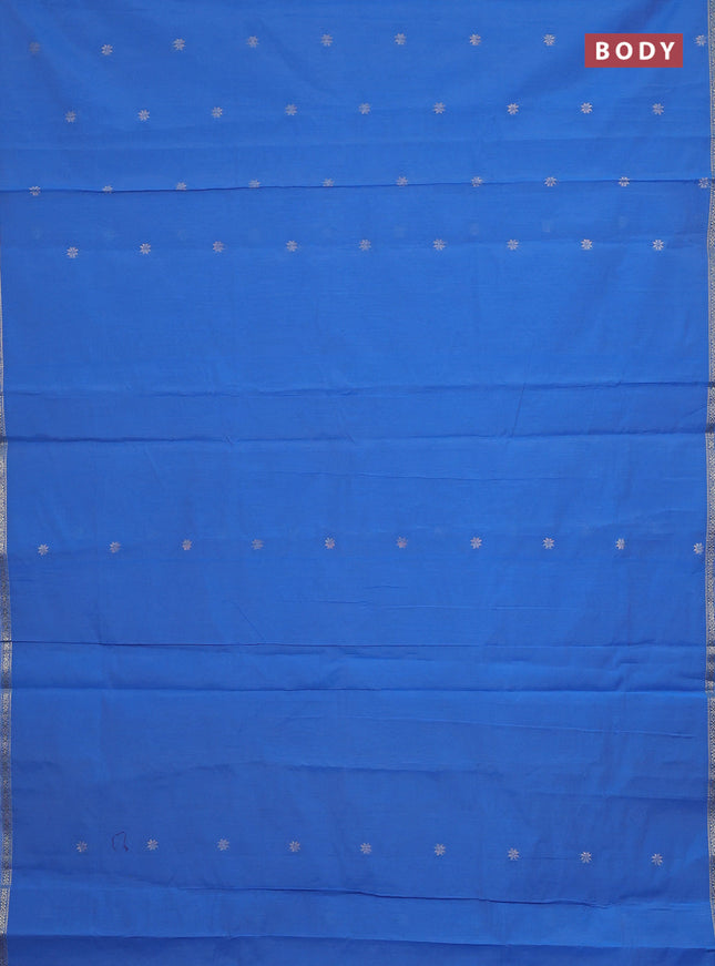 Semi maheswari cotton saree blue and maroon shade with silver zari woven buttas and small zari woven border