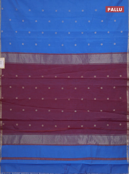 Semi maheswari cotton saree blue and maroon shade with silver zari woven buttas and small zari woven border
