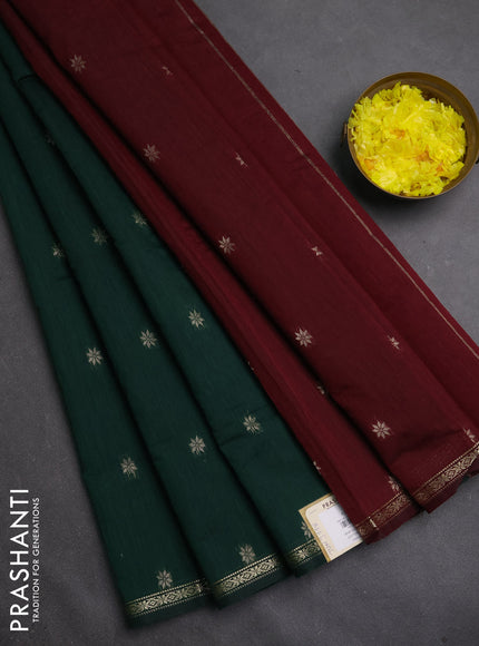 Semi maheswari cotton saree green and maroon with zari woven buttas and small zari woven border
