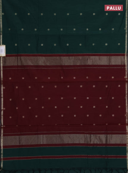 Semi maheswari cotton saree green and maroon with zari woven buttas and small zari woven border