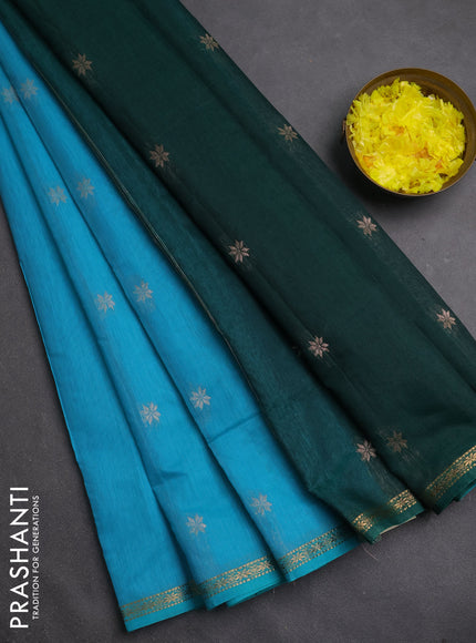 Semi maheswari cotton saree teal blue and green with silver zari woven buttas and small zari woven border