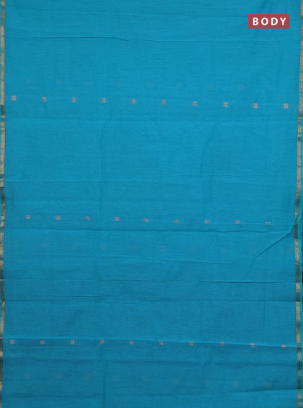 Semi maheswari cotton saree teal blue and green with silver zari woven buttas and small zari woven border