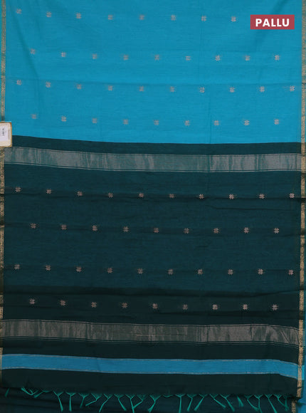 Semi maheswari cotton saree teal blue and green with silver zari woven buttas and small zari woven border