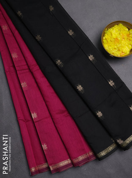 Semi maheswari cotton saree magenta pink and black with zari woven buttas and small zari woven border