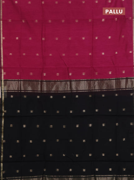 Semi maheswari cotton saree magenta pink and black with zari woven buttas and small zari woven border