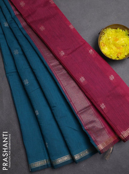 Semi maheswari cotton saree peacock green and wine with zari woven buttas and small zari woven border