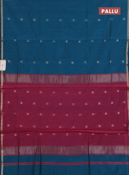 Semi maheswari cotton saree peacock green and wine with zari woven buttas and small zari woven border