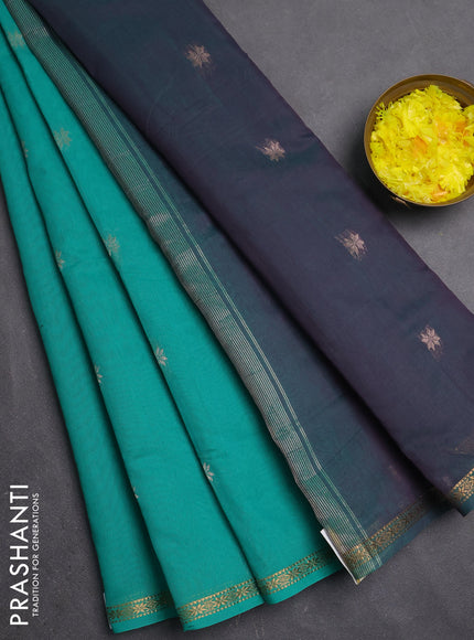 Semi maheswari cotton saree teal green and purple shade with zari woven buttas and small zari woven border