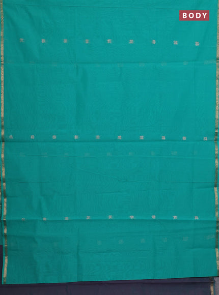Semi maheswari cotton saree teal green and purple shade with zari woven buttas and small zari woven border