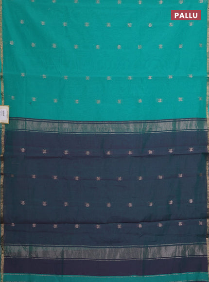 Semi maheswari cotton saree teal green and purple shade with zari woven buttas and small zari woven border