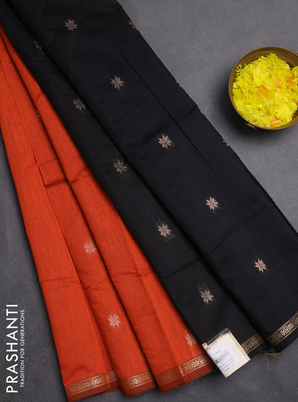 Semi maheswari cotton saree orange and black with zari woven buttas and small zari woven border