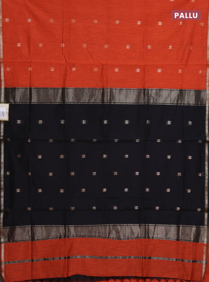 Semi maheswari cotton saree orange and black with zari woven buttas and small zari woven border