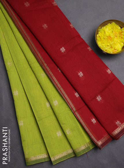 Semi maheswari cotton saree lime green and maroon with zari woven buttas and small zari woven border