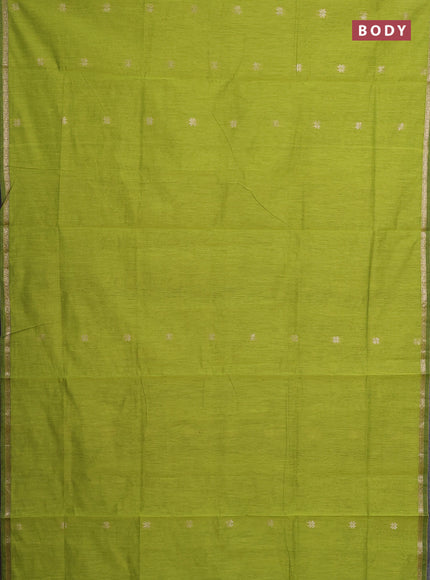 Semi maheswari cotton saree lime green and maroon with zari woven buttas and small zari woven border