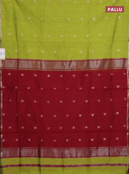 Semi maheswari cotton saree lime green and maroon with zari woven buttas and small zari woven border