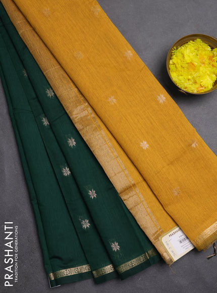 Semi maheswari cotton saree bottle green and mustard yellow with zari woven buttas and small zari woven border