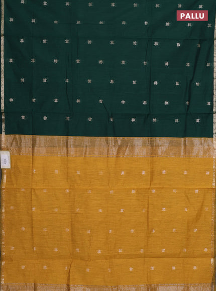 Semi maheswari cotton saree bottle green and mustard yellow with zari woven buttas and small zari woven border