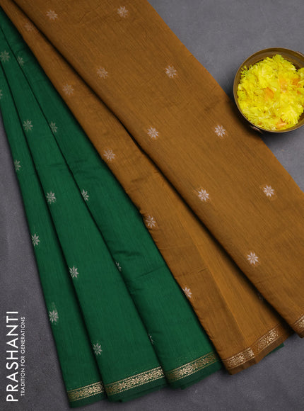 Semi maheswari cotton saree green and dark mustard with zari woven buttas and small zari woven border