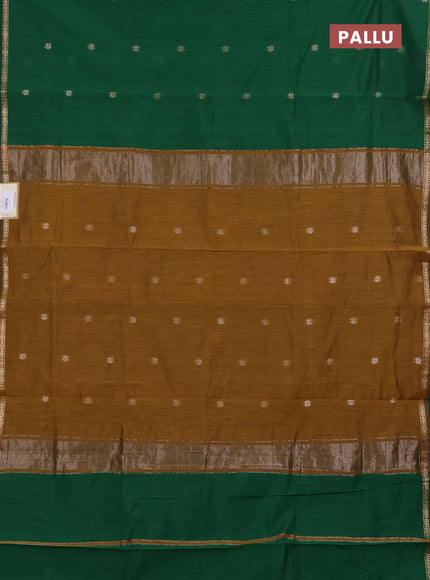 Semi maheswari cotton saree green and dark mustard with zari woven buttas and small zari woven border