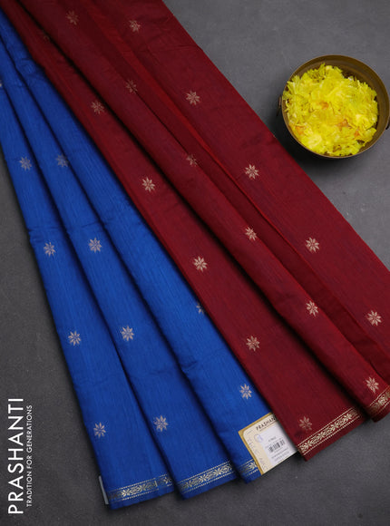 Semi maheswari cotton saree blue and maroon with zari woven buttas and small zari woven border
