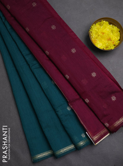 Semi maheswari cotton saree peacock green and wine with zari woven buttas and small zari woven border