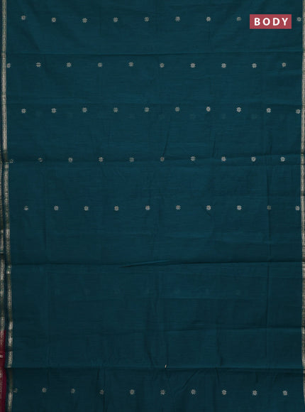 Semi maheswari cotton saree peacock green and wine with zari woven buttas and small zari woven border