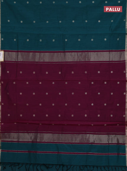 Semi maheswari cotton saree peacock green and wine with zari woven buttas and small zari woven border