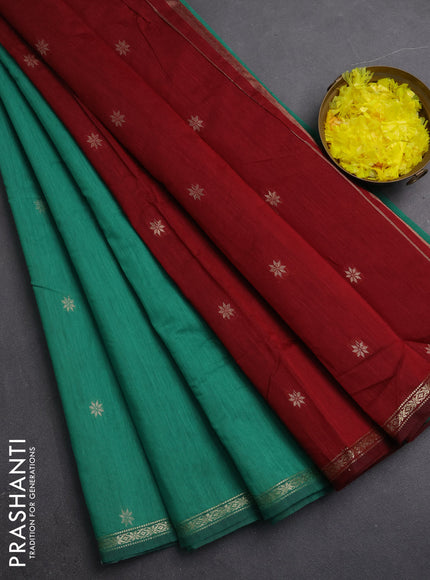 Semi maheswari cotton saree teal green and maroon with zari woven buttas and small zari woven border