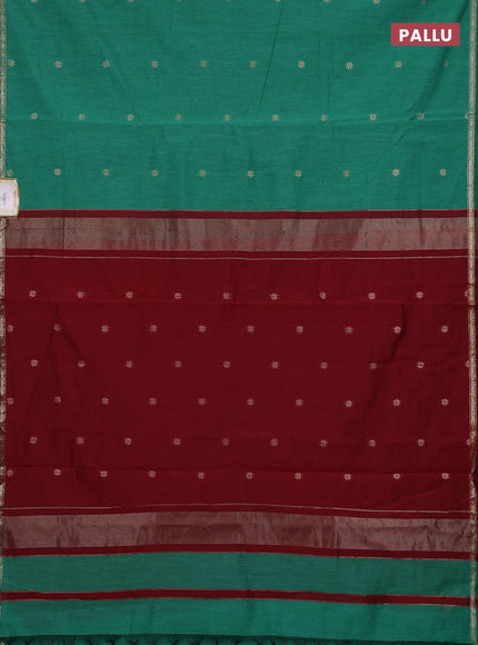 Semi maheswari cotton saree teal green and maroon with zari woven buttas and small zari woven border