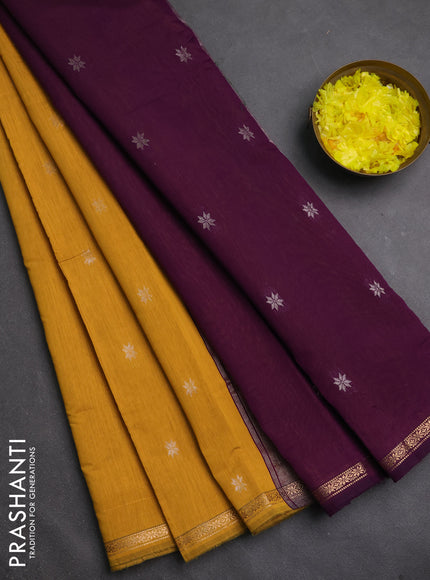 Semi maheswari cotton saree mustard yellow and purple with zari woven buttas and small zari woven border
