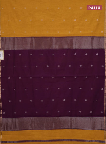 Semi maheswari cotton saree mustard yellow and purple with zari woven buttas and small zari woven border