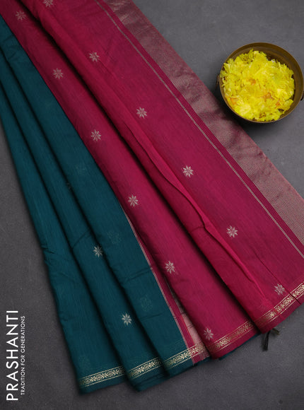Semi maheswari cotton saree peacock green and magenta pink with zari woven buttas and small zari woven border