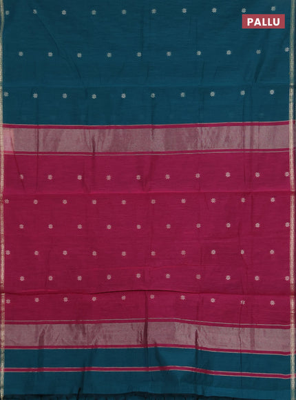 Semi maheswari cotton saree peacock green and magenta pink with zari woven buttas and small zari woven border