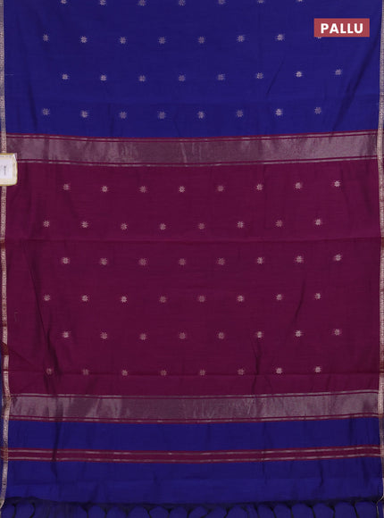 Semi maheswari cotton saree purple and blue with zari woven buttas and small zari woven border