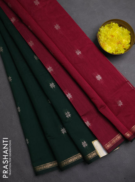 Semi maheswari cotton saree bottle green and wine with zari woven buttas and small zari woven border