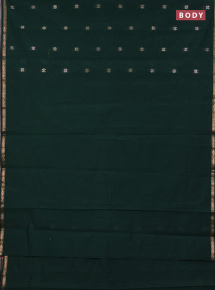 Semi maheswari cotton saree bottle green and wine with zari woven buttas and small zari woven border