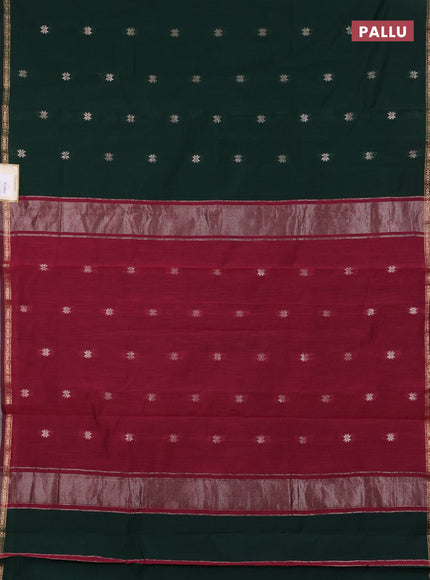 Semi maheswari cotton saree bottle green and wine with zari woven buttas and small zari woven border