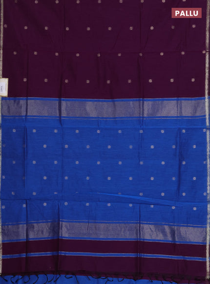 Semi maheswari cotton saree purple and blue with zari woven buttas and small zari woven border