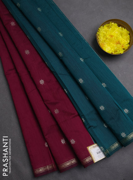 Semi maheswari cotton saree wine and peacock green with zari woven buttas and small zari woven border