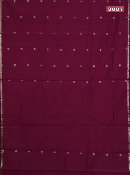 Semi maheswari cotton saree wine and peacock green with zari woven buttas and small zari woven border