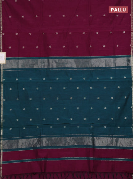Semi maheswari cotton saree wine and peacock green with zari woven buttas and small zari woven border