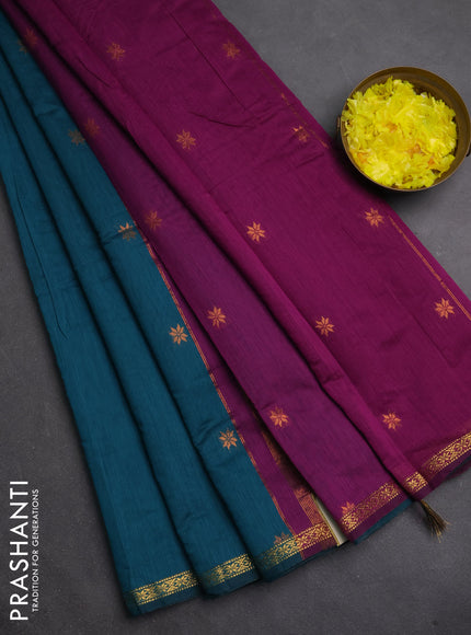 Semi maheswari cotton saree peacock green and purple with copper zari woven buttas and small copper zari woven border