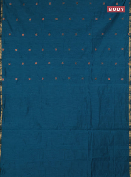 Semi maheswari cotton saree peacock green and purple with copper zari woven buttas and small copper zari woven border