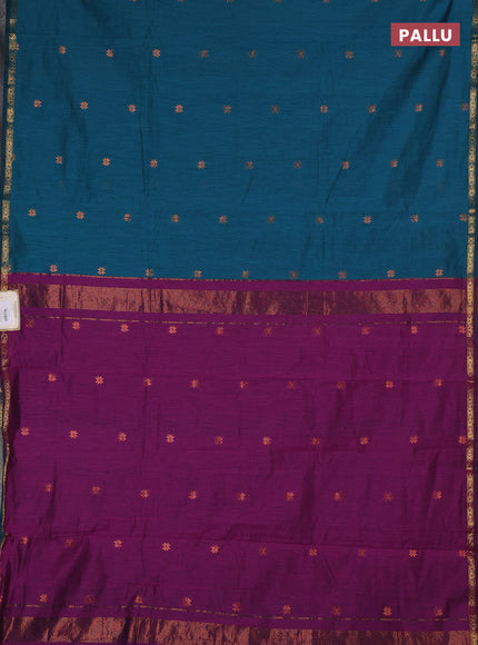 Semi maheswari cotton saree peacock green and purple with copper zari woven buttas and small copper zari woven border