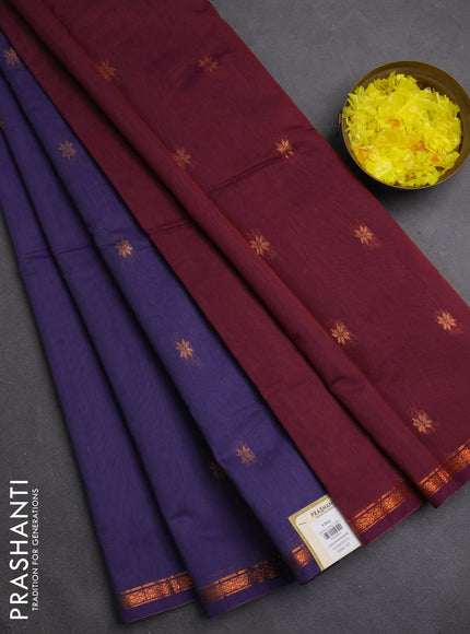 Semi maheswari cotton saree violet shade and maroon with copper zari woven buttas and small copper zari woven border